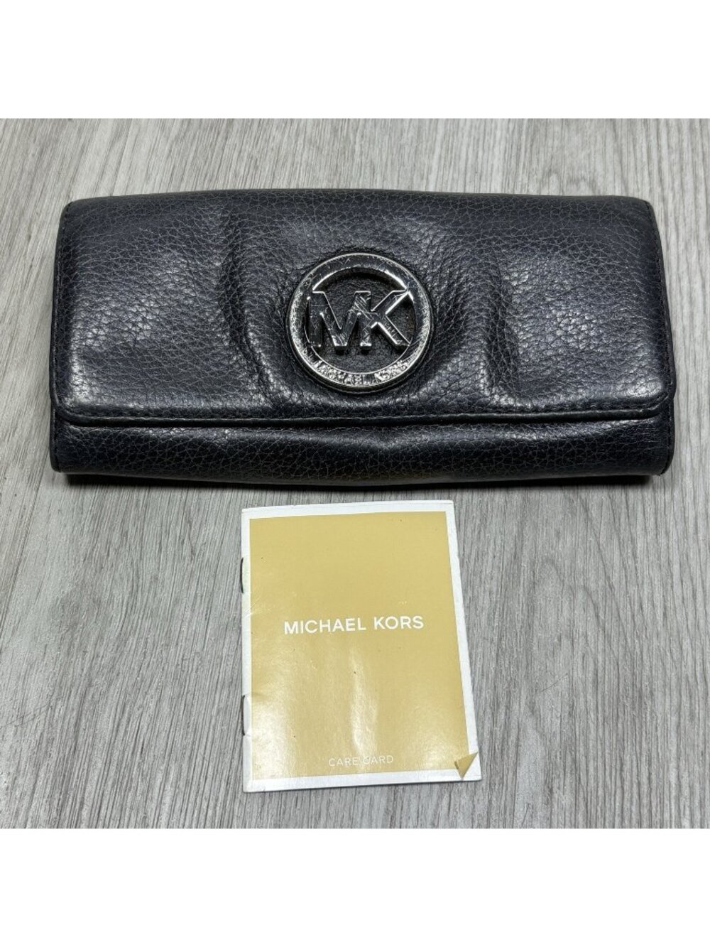 Michael Kors Fulton Flap Continental Wallet Black Leather Silver MK Logo